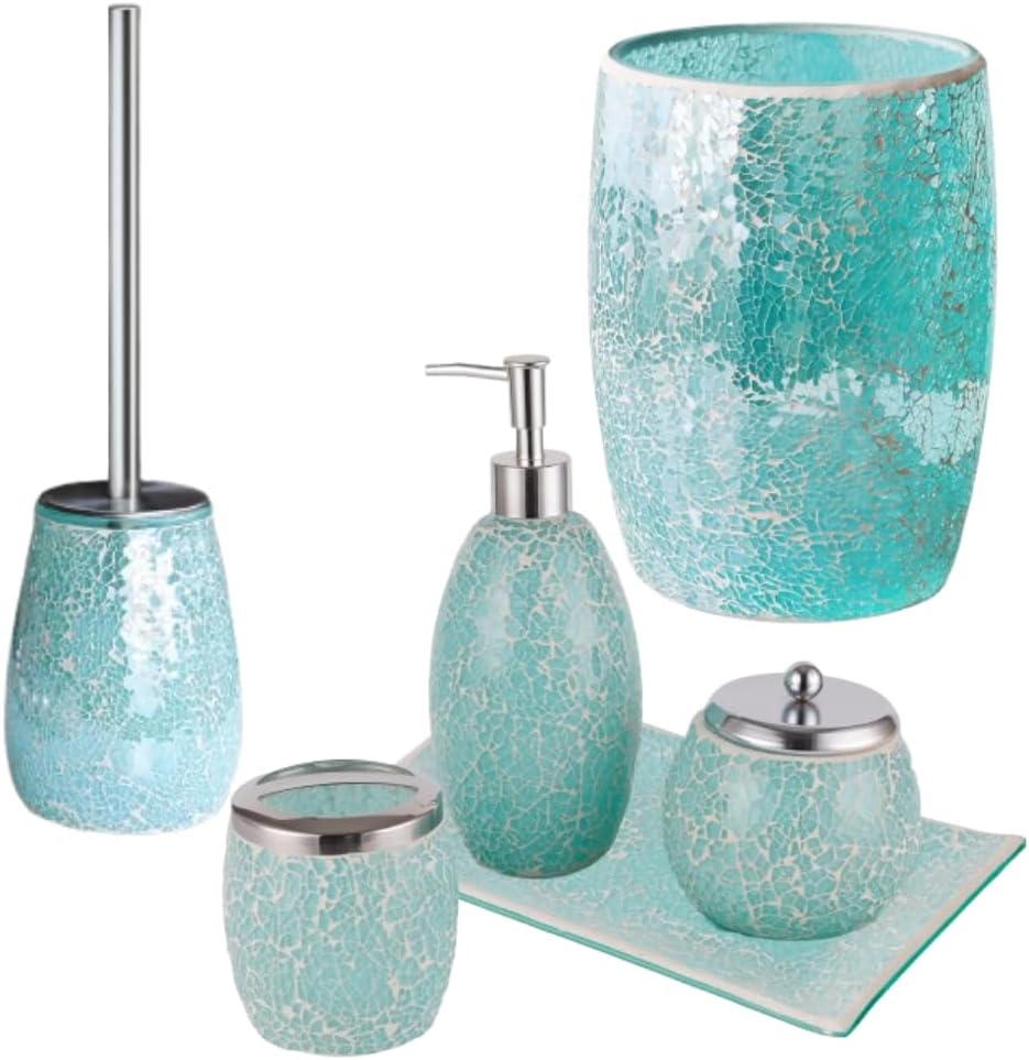 Modern Green Bathroom Accessories Sets 6 Pcs | Luxurious Toilet Brush, Small Trash Can, Glass Soap Dispenser, Toothbrush Holder, Cotton Glass Jar, Vanity Tray | Turquoise Bathroom Decor Mosaic Glass