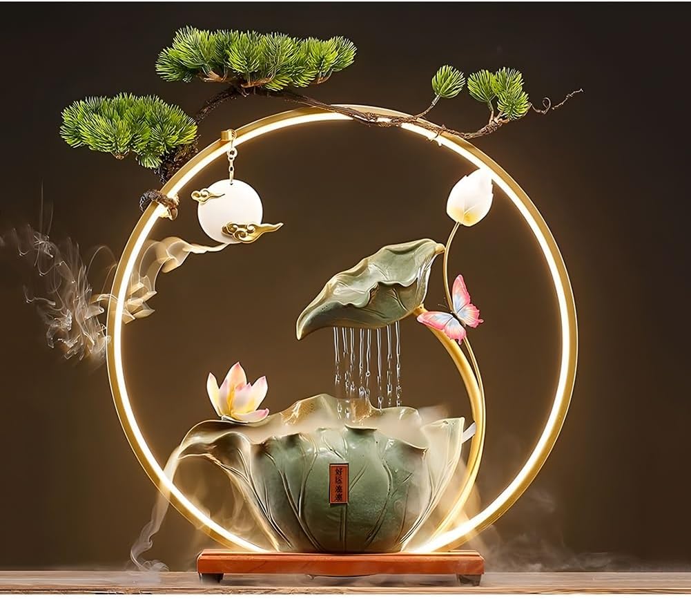 GZHERVICES Tabletop Fountains, 3D Indoor Waterfall with LED Light Ring and Backflow Incense Burner, Indoor Rain Curtain Waterfall Water Feature with Mist