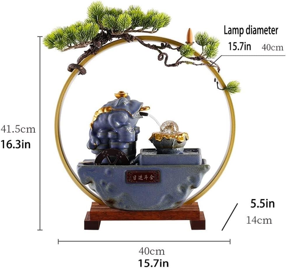 Chinese Retro Desktop Waterfall Fountain – Ceramic Tabletop Fountain with LED Light, Crystal Ball & Waterwheel