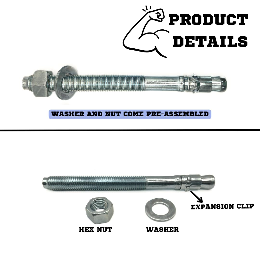 MIGHTY FASTENERS Zinc-Plated Steel Wedge Anchors, 1' X 6' - Heavy-Duty Mounting Bolts for Concrete - 25 Pack