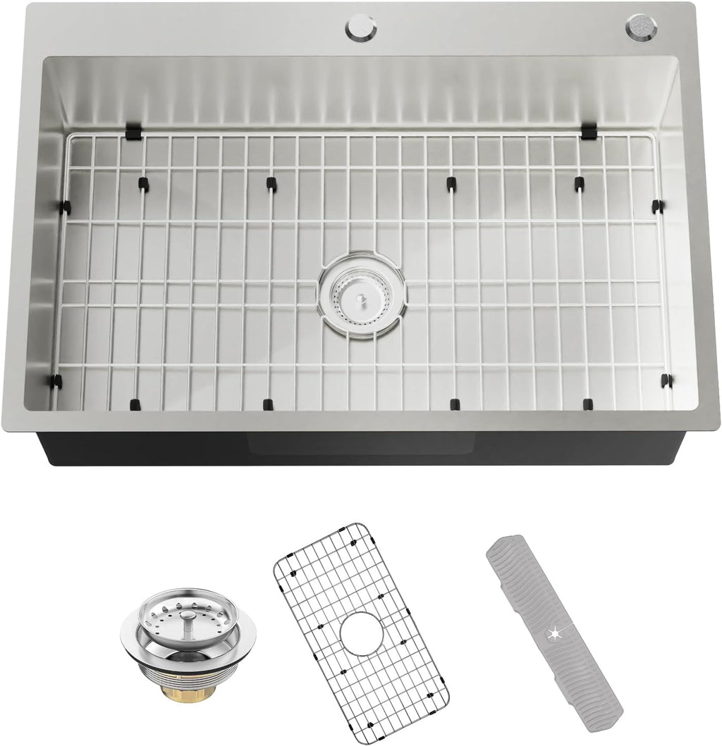 Stainless Steel Drop In 33x22 Inch Kitchen Sink - Modern Large Single Bowl Topmount Kitchen Sink Come With SS Grid,Silicon Mat,Drain Strainer Set Compatibility With Various Kitchen Styles