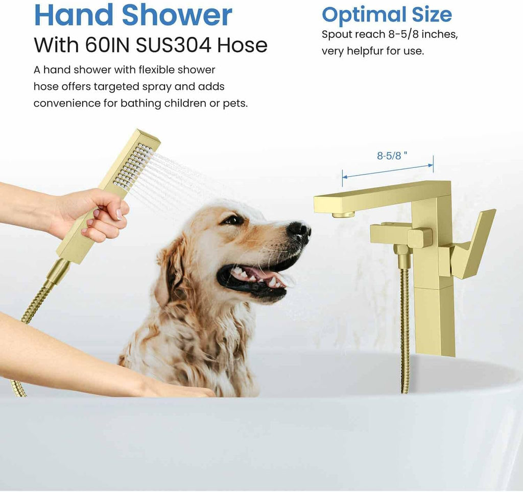 KIBI Freestanding Bathtub Faucet with Hand Shower, Floor Mounted Tub Filler – Single Handle Solid Brass Bathroom Faucet with Ceramic Cartridge & Stainless Steel Hose, Brushed Gold (KTF302BG)