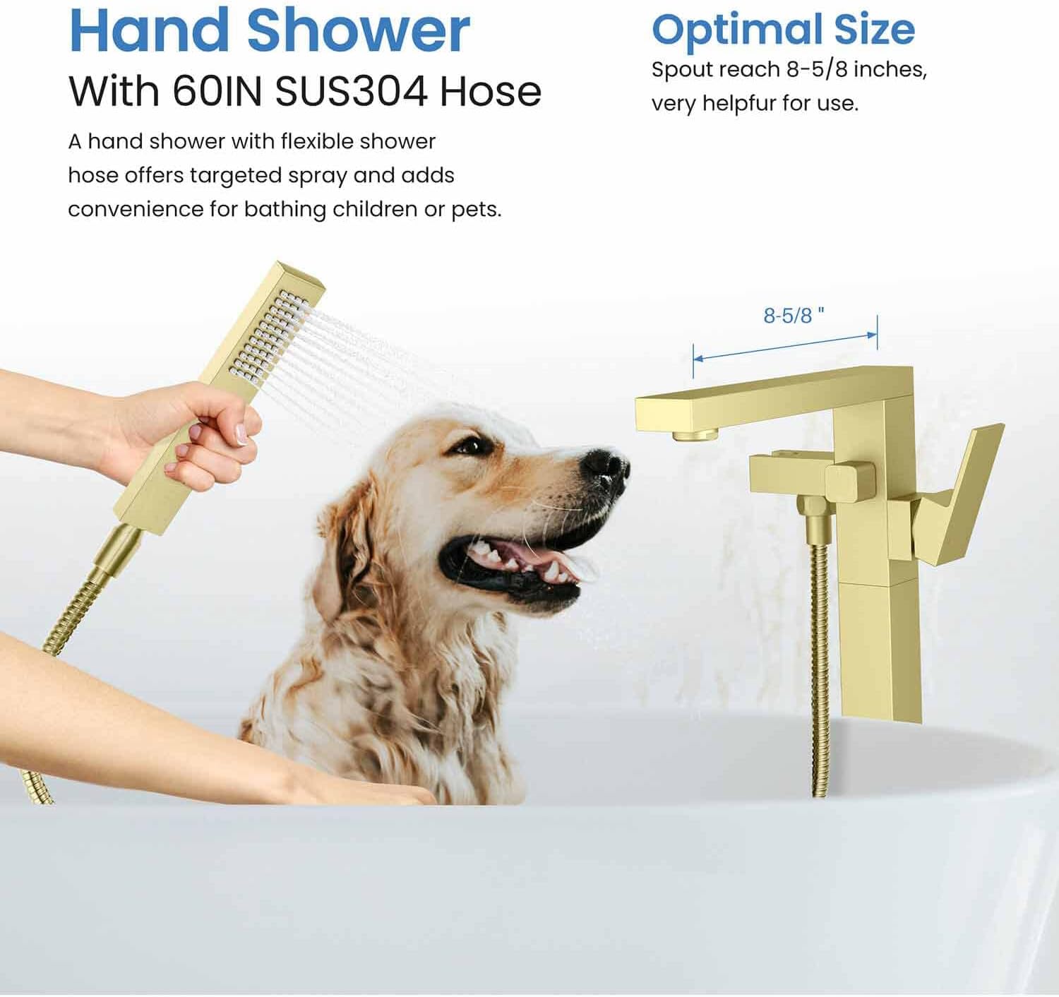KIBI Freestanding Bathtub Faucet with Hand Shower, Floor Mounted Tub Filler – Single Handle Solid Brass Bathroom Faucet with Ceramic Cartridge & Stainless Steel Hose, Brushed Gold (KTF302BG)