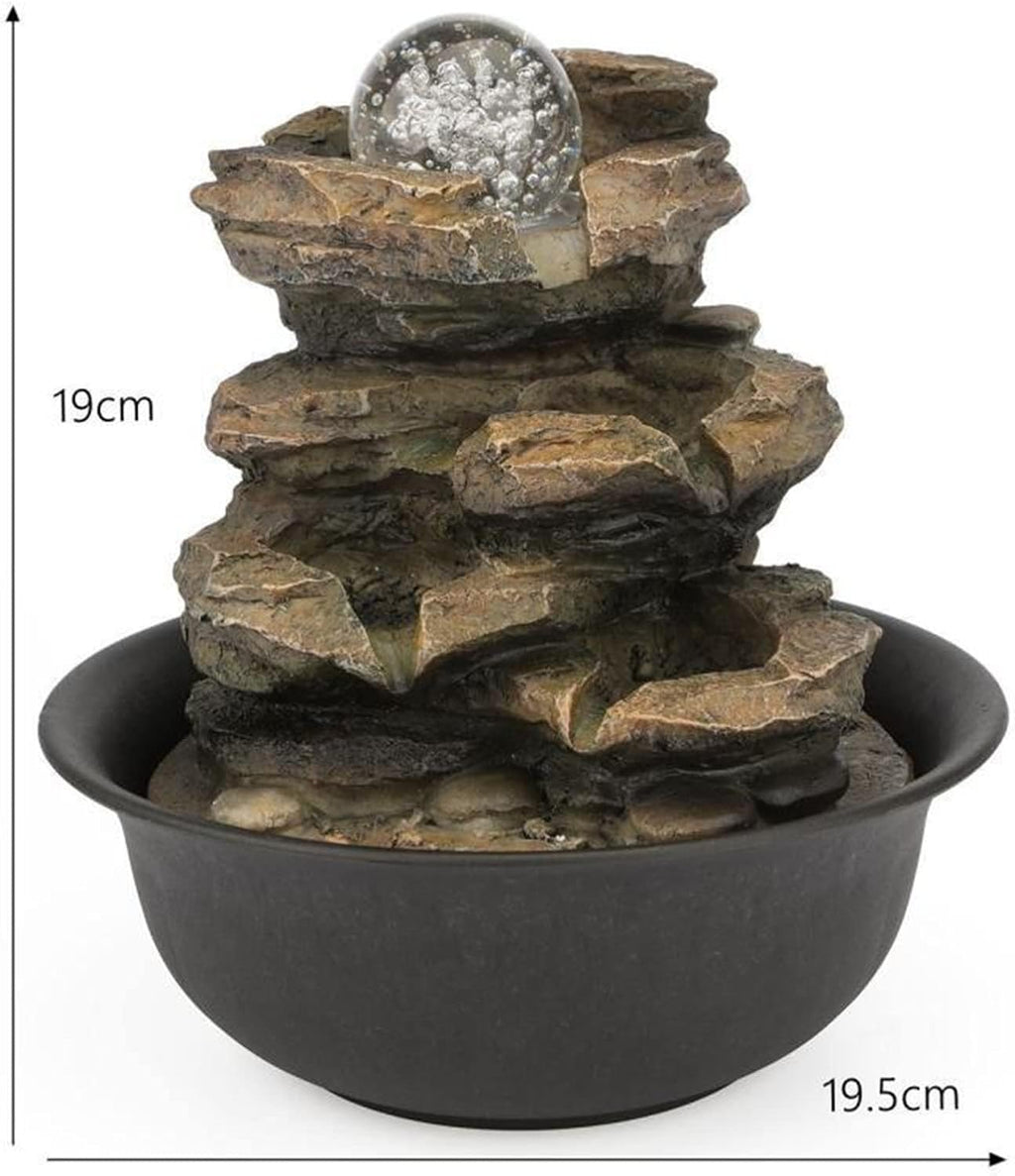 Tabletop Fountain Desktop Fountain 4 Layers Resin Rock Waterfall Tabletop Fountain with LED Light Office Desk Lucky Decoration Water Fountains Desktop Fountains