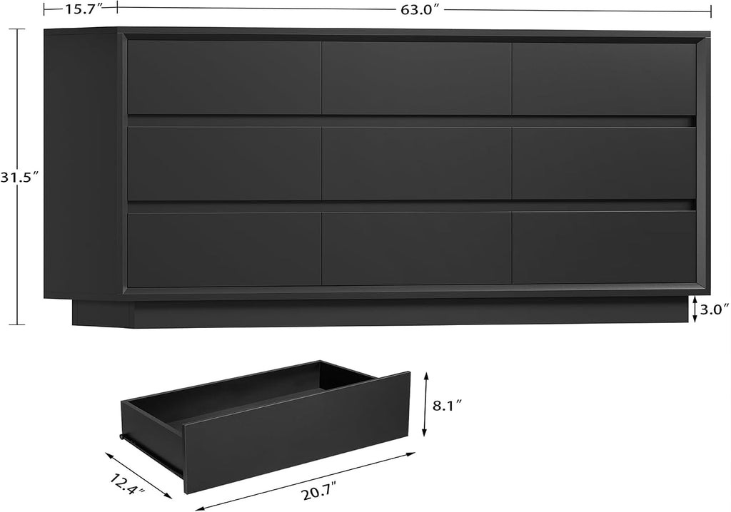 TEENFON 63' Dresser for Bedroom with 9 Drawers, Black Dresser with Metal Slide, Bedroom Dressers, Wood Dressers & Chests of Drawers for Bedroom, Hallway, Black
