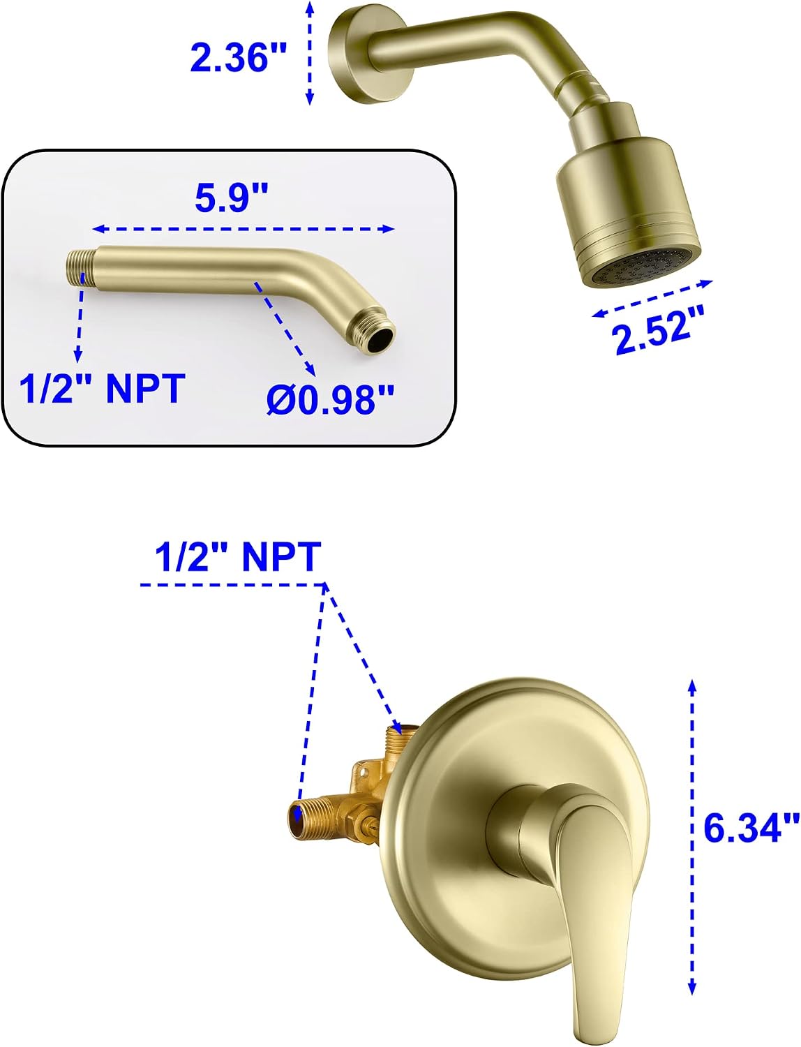 Wall Mounted Shower Faucet Set, Shower Fixtures Shower Mixer, Single Function Shower Trim Kit Pressure Balancing Shower System with Single Spray Detachable Clean Shower Head,Brushed Gold