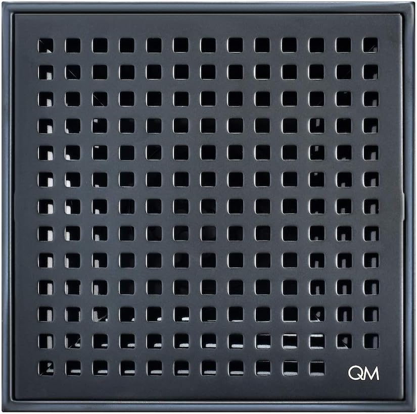 QM Square Shower Drain, Grate made of Stainless Steel Marine 316 and Base made of ABS, Lagos Series Mira Line, 5 inch 3/4, ORB/Black Finish, Kit includes Hair Trap/Strainer and Key