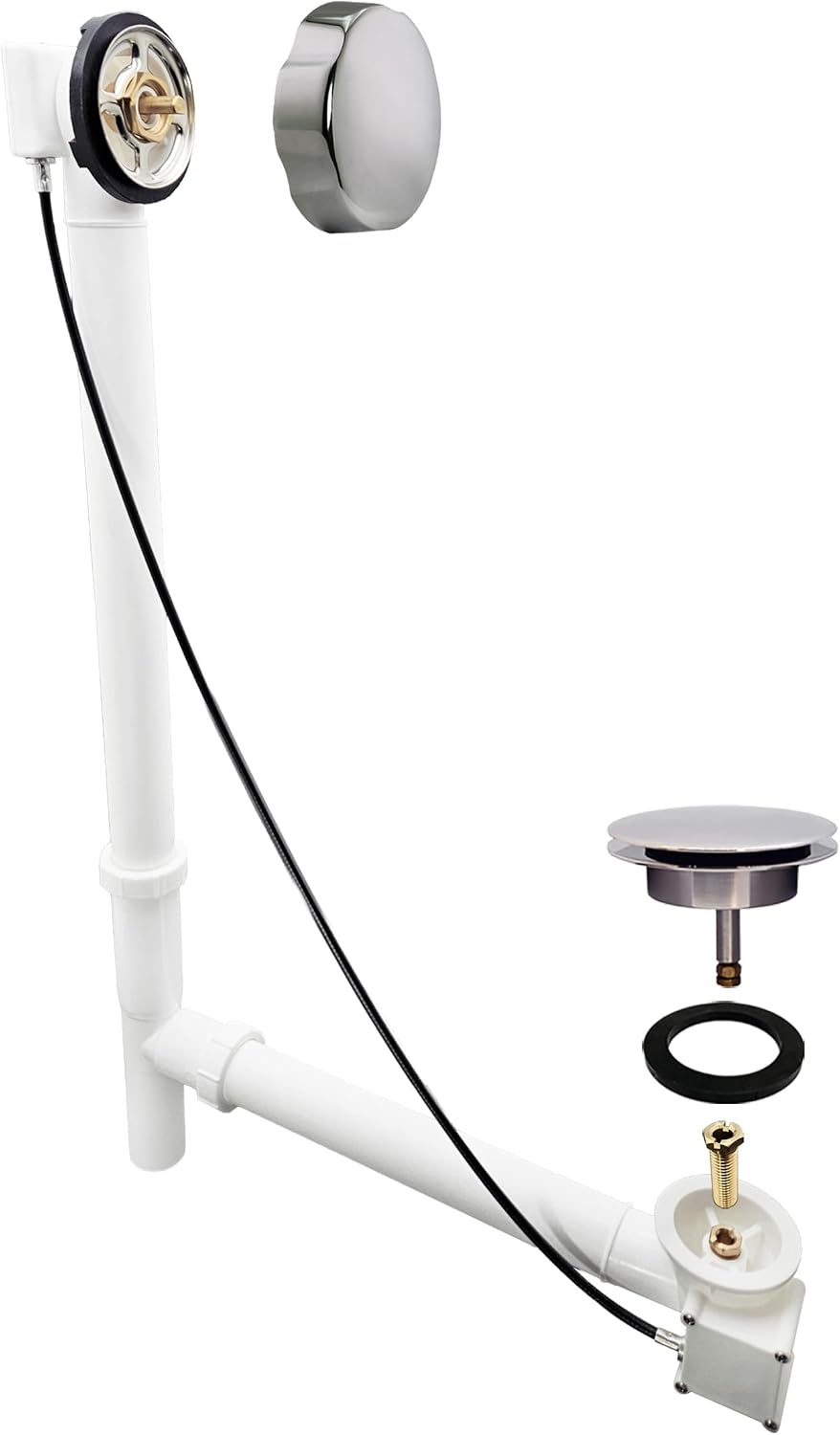 Westbrass A50P27TLE-05 27' Cable Drive Bath Drain Trim Kit with Rotary Overflow Cover Knob, European Stopper and Poly Tubular Pipes, Polished Nickel
