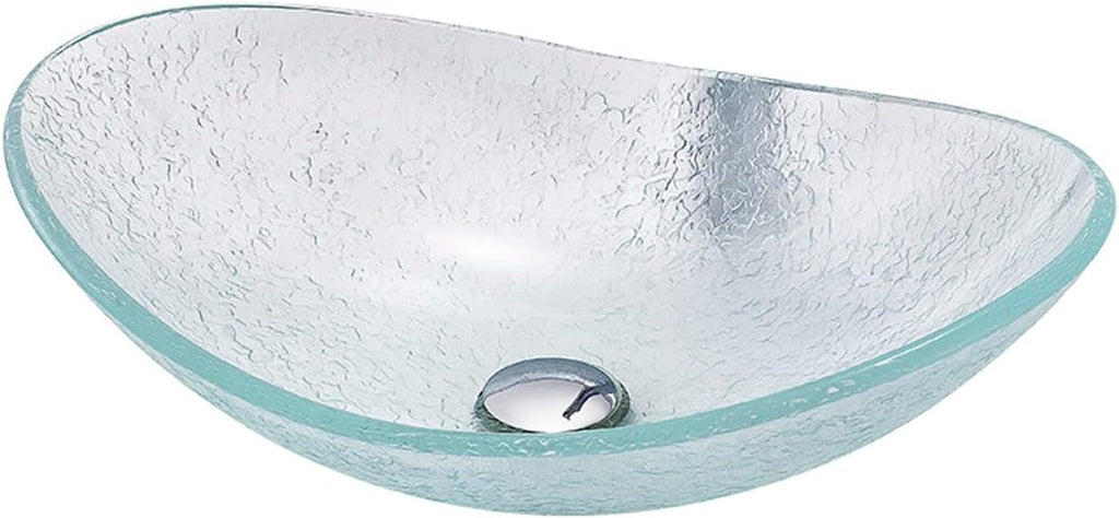 Tempered Glass Vessel Bowl Sink, Top Mount Installation Bathroom Sinks Above Counter, Oval Boat Vanity Countertop Sink Bowl with Chrome Faucet,Single Basin Set (Single Basin Set)
