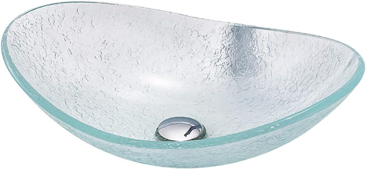 Tempered Glass Vessel Bowl Sink, Top Mount Installation Bathroom Sinks Above Counter, Oval Boat Vanity Countertop Sink Bowl with Chrome Faucet,Single Basin Set (Single Basin Set)