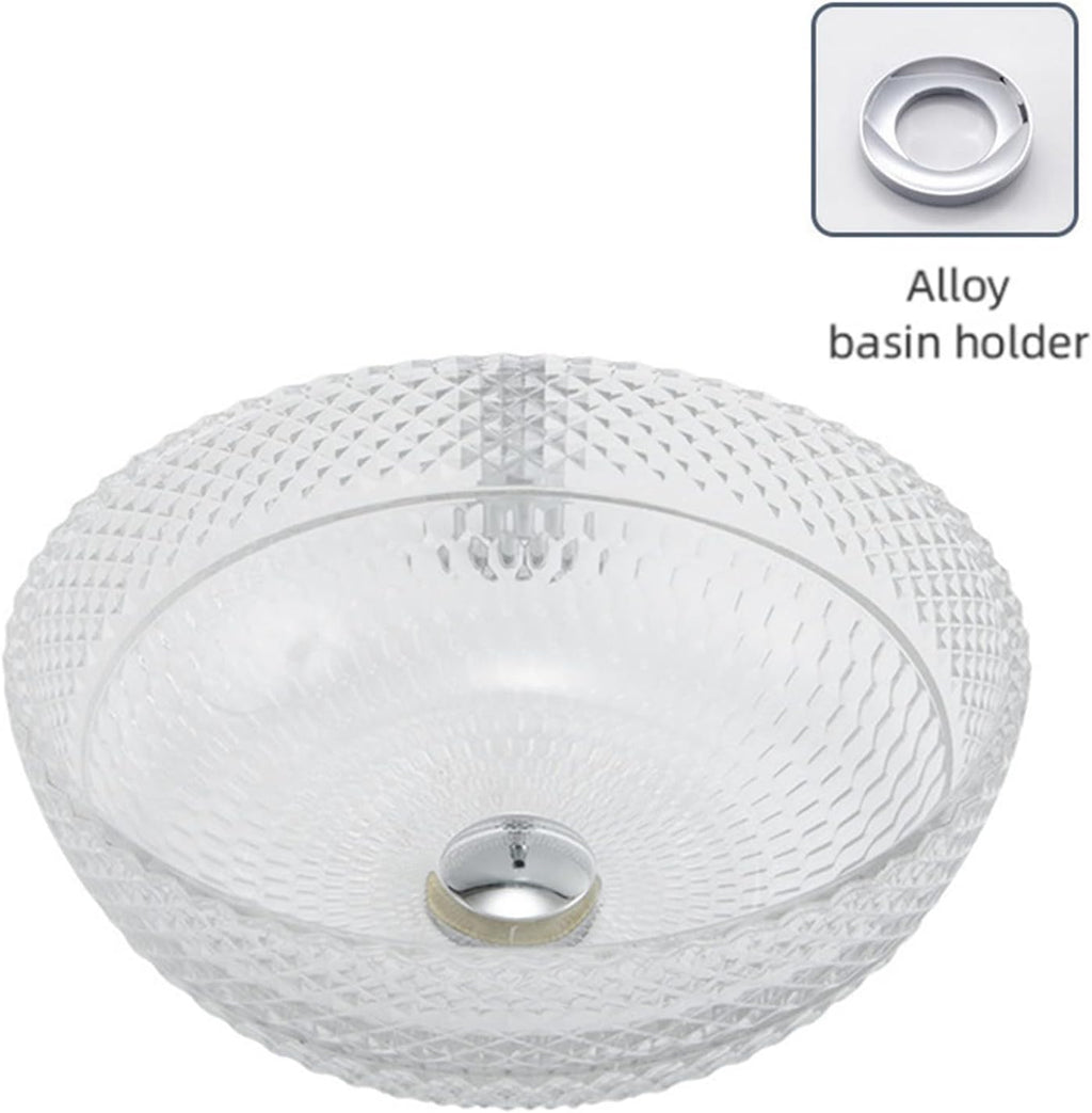 Tempered Glass Vessel Bathroom Vanity Sink Round Bowl, Transparent Above Counter Bathroom Vessel Vanity Sink with Chrome Faucet and Pop-Up Drain Combo,Single Basin Set (Single Basin)