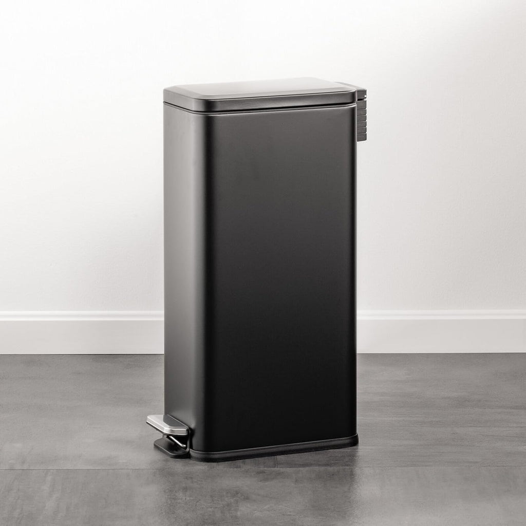 mDesign Slim Metal Rectangle 7.9 Gallon Trash Can with Step Pedal, Easy-Close Lid, Removable Liner - Narrow Wastebasket Garbage Container Bin for Bathroom, Bedroom, Kitchen, Office - Black
