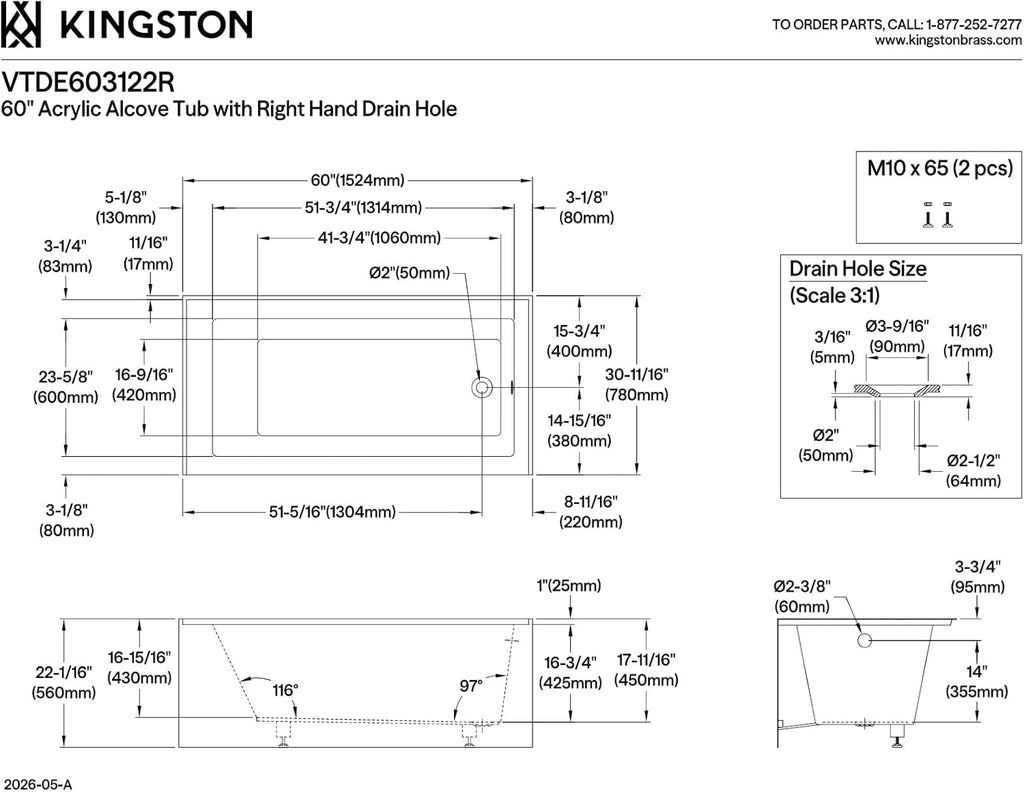 KINGSTON BRASS VTDE603122R 60-Inch Contemporary Alcove Acrylic Bathtub with Right Hand Drain and Overflow Holes, White