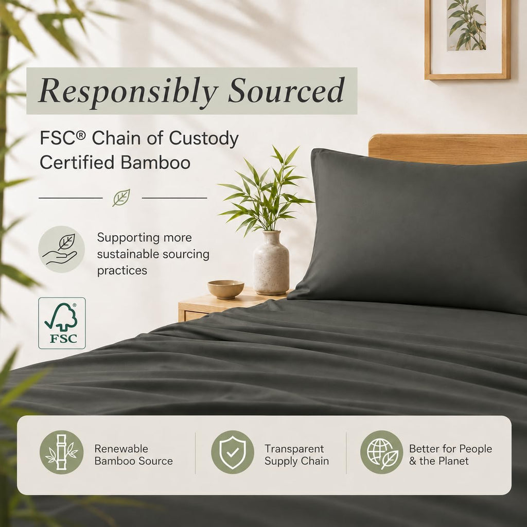 TOSMO Luxury Cooling Sheet Set - 100% Viscose from Bamboo, 4-Piece Bedding Set (King Size) - 18' Extra Deep Pockets, Oeko-Tex Certified, Silky Soft and Breathable, Charcoal