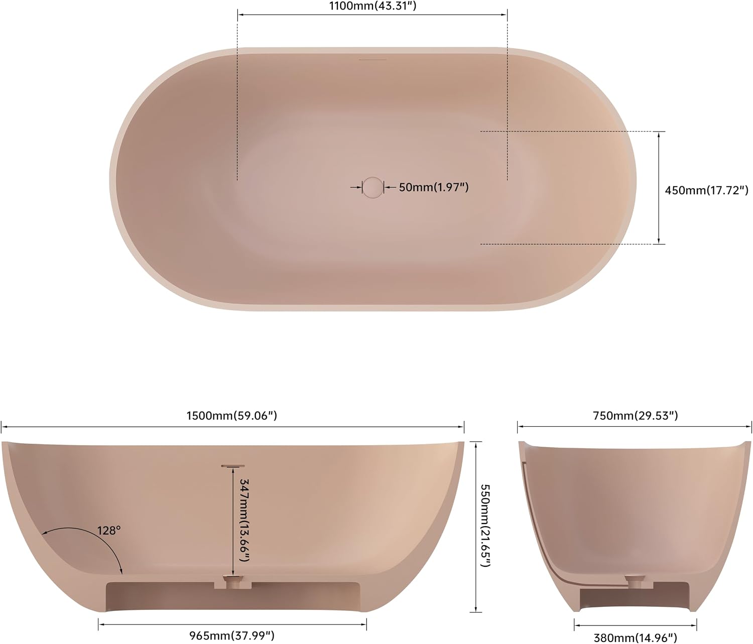 Premium 59' Pink-Sandstone Solid Surface Free Standing Tub, Upgraded Oval Resin Stone Bathtub with Overflow and Pop-up Drain