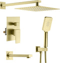 KIBI Cube 3-Function Brushed Gold Wall Mounted Bathroom Shower System | Solid Brass Pressure Balanced Valve Bath Faucet Set | 15-inch Shower Arm | Handheld Waterfall Shower Mode (KSF406BG)