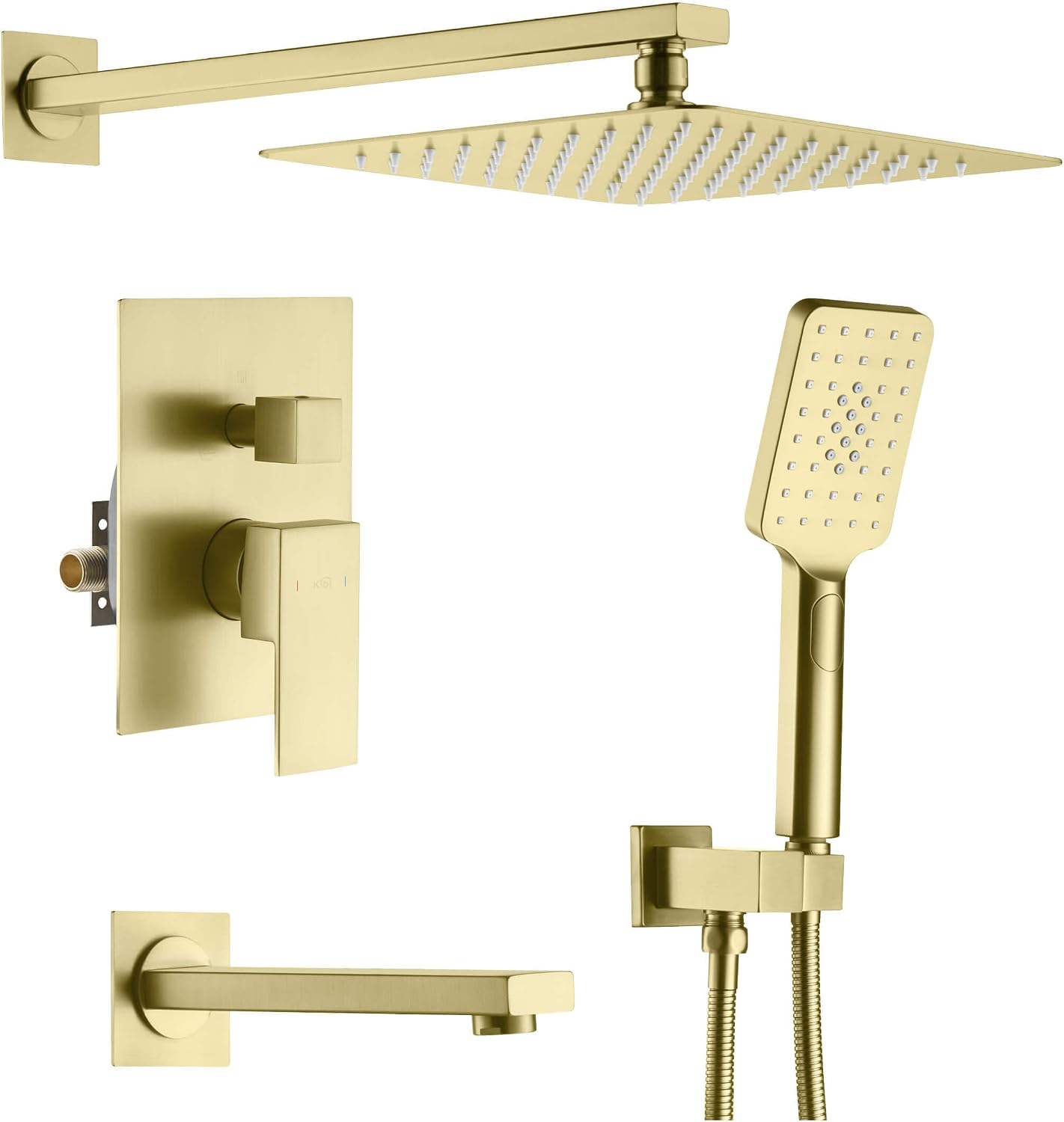 KIBI Cube 3-Function Brushed Gold Wall Mounted Bathroom Shower System | Solid Brass Pressure Balanced Valve Bath Faucet Set | 15-inch Shower Arm | Handheld Waterfall Shower Mode (KSF406BG)