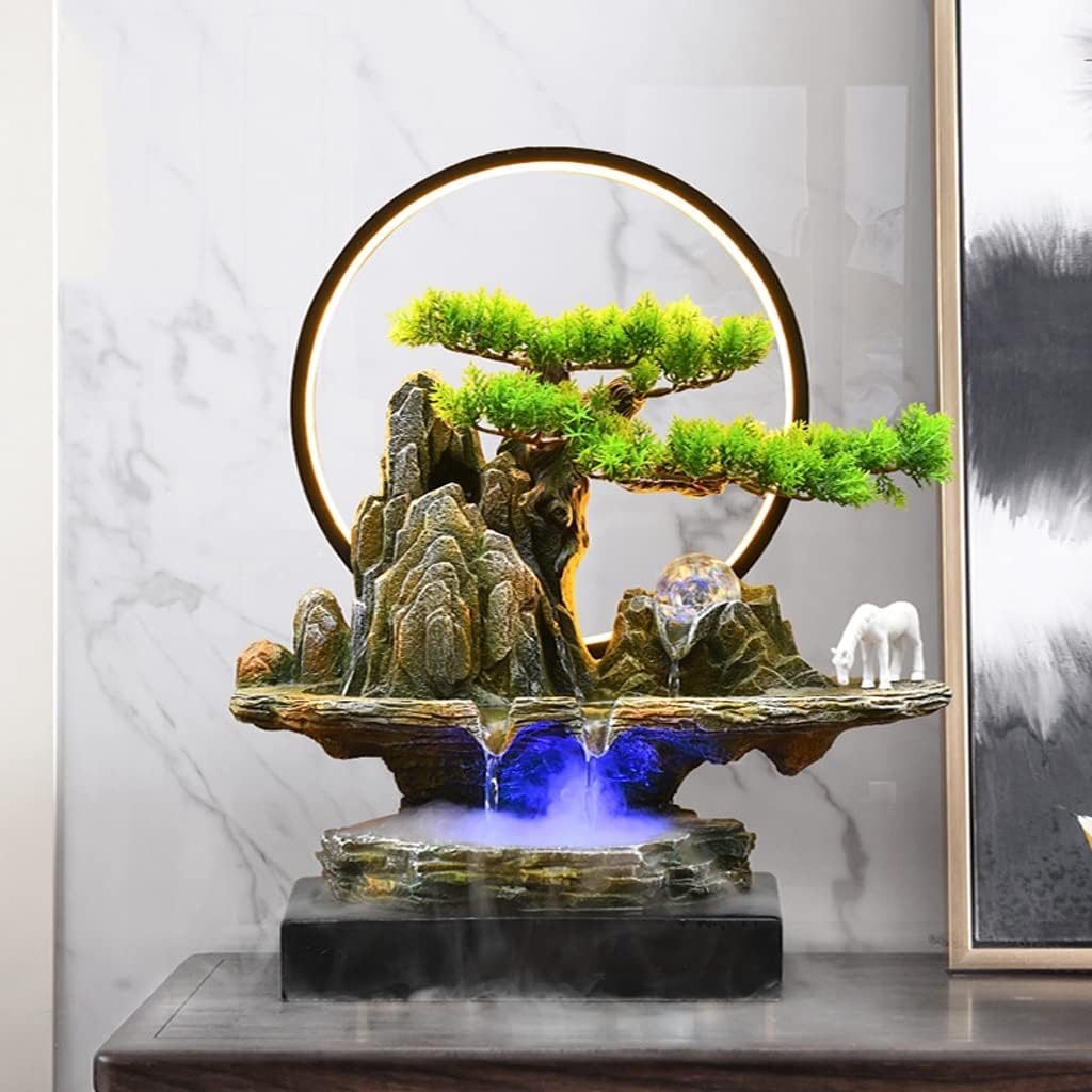 HIHELO Desktop Fountain Tabletop Fountain Resin Rockery Desktop Fountain with LED Light Living Room Decorative Waterscape Ornament Water Fountain Outdoor (Color : with Nebulizer)