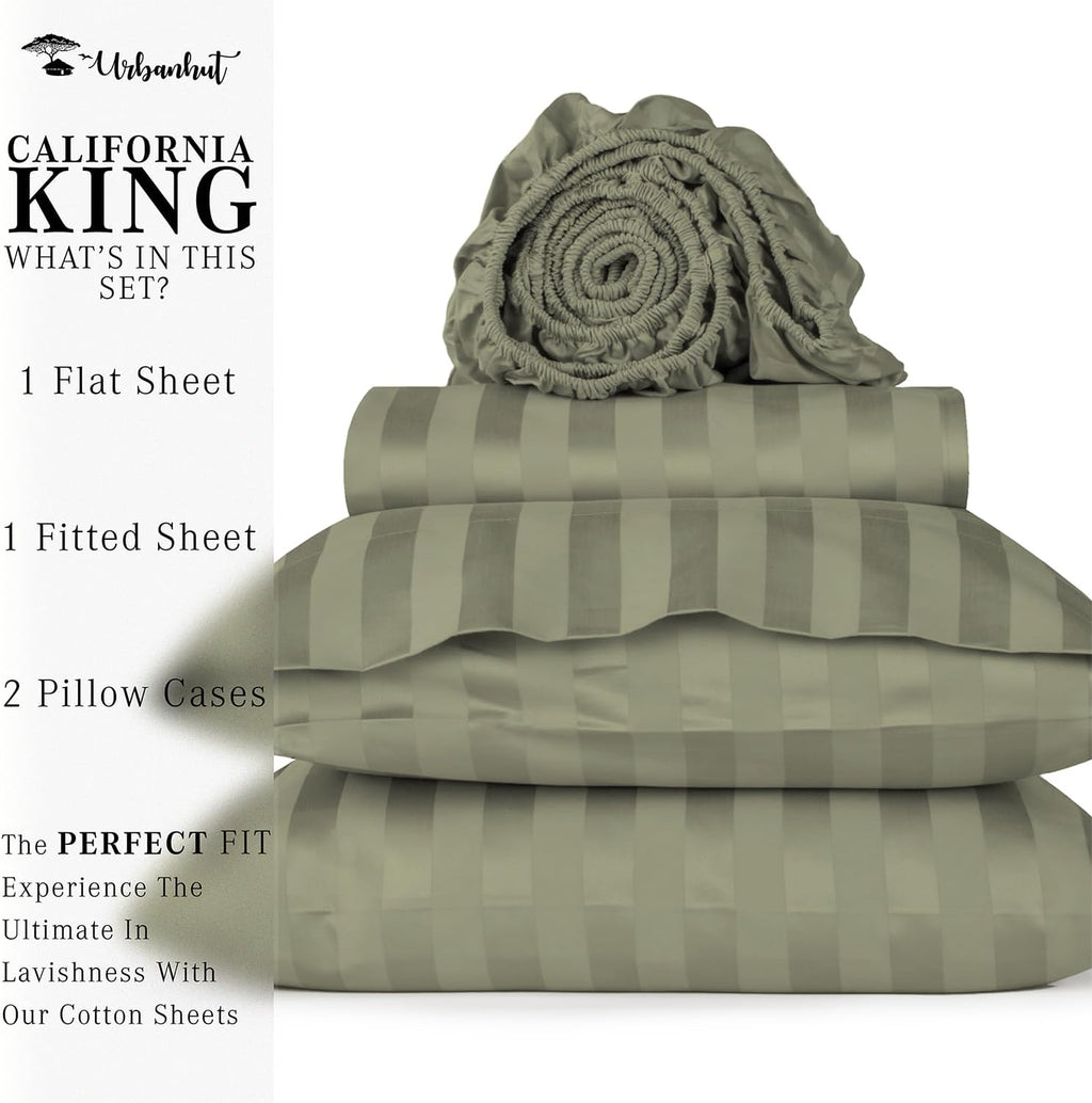 URBANHUT 100% Cotton Damask California King Size, Comfort Series 4Pc Sheet Set for Cal King Size Bed, Sateen Weave Stripe Sheets, 16'' Elasticized Deep Pocket - Sage