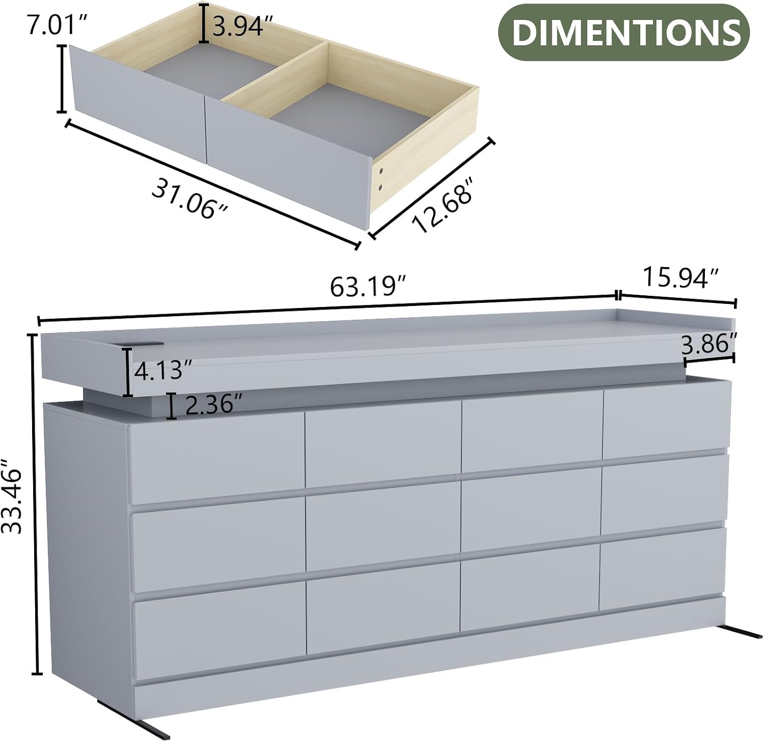 Gyfimoie 12 Drawer Dresser with Power Outlet, Dresser with LED Light, Modern Chest of Drawers for Closet, Double Wide Drawer Organizer Cabinet for Bedroom, Living Room (Grey, 12 Drawers)