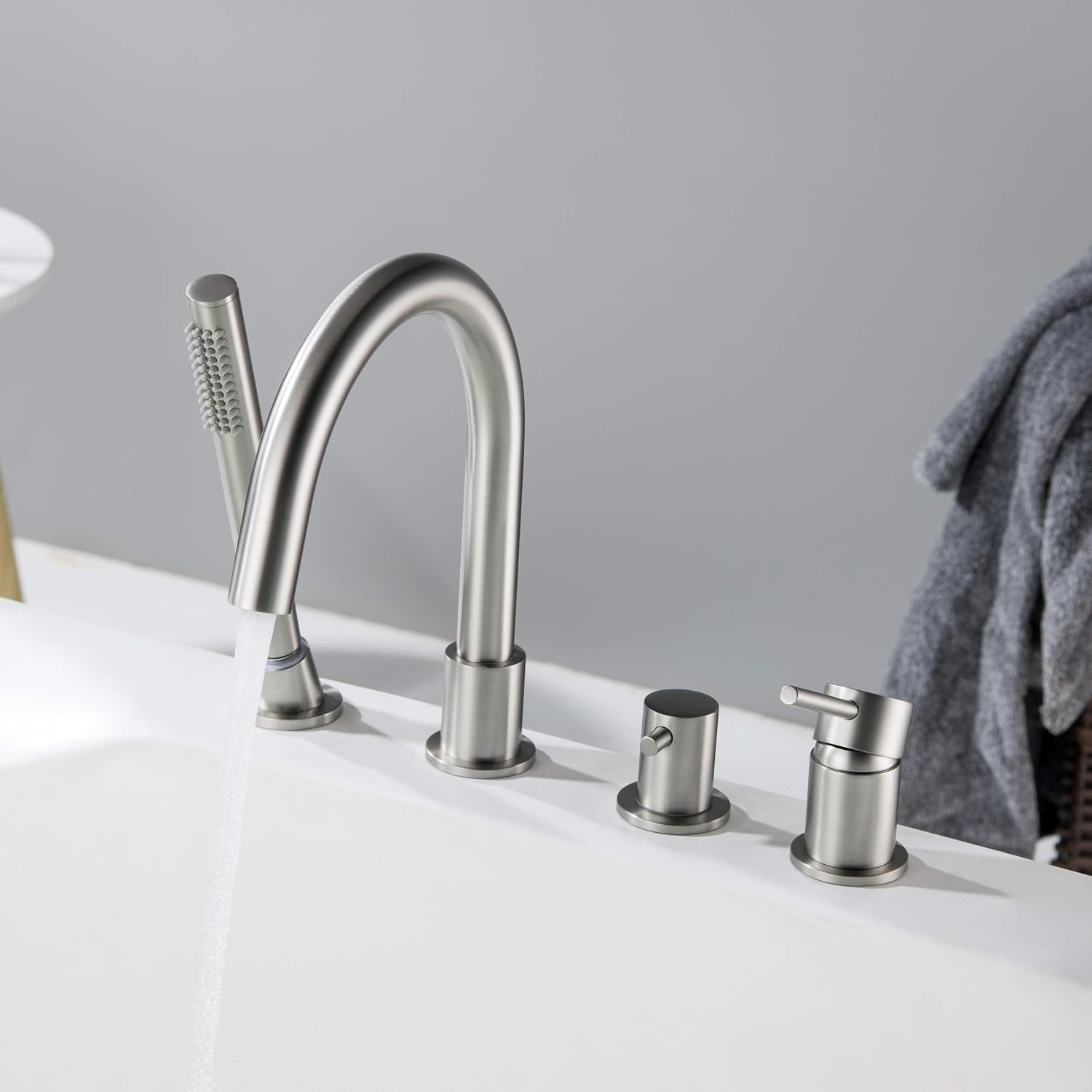 KIBI Circular Single Handle Roman Tub Faucet with Hand Shower | Deck Mounted Bathtub Faucet Set with Diverter | Durable Solid Brass Construction, Smooth Water Flow Control | Brushed Nickel, KTF3101