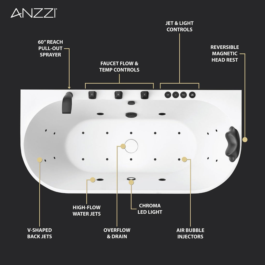ANZZI 67 in. x 32 in. Flat Bottom Stone Resin Freestanding 92 Gallon Combination Bathtub with Center Drain in Black and White