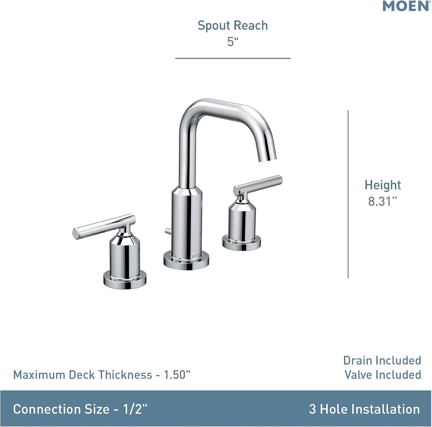 Moen Gibson Two-Handle High Arc Widespread Modern Bathroom Sink Faucet for 3-Hole Setups with Valve Included, Chrome, TV6142