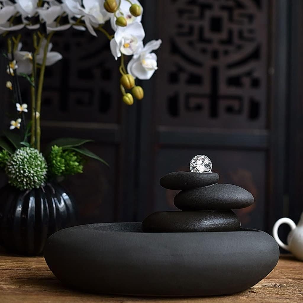 HIHELO Desktop Fountain Casual Tabletop Fountain Ceramic Zen 3 Tier Stone Mountain Fountain Home Ceramic Decor Crafts, Black Water Fountain Outdoor