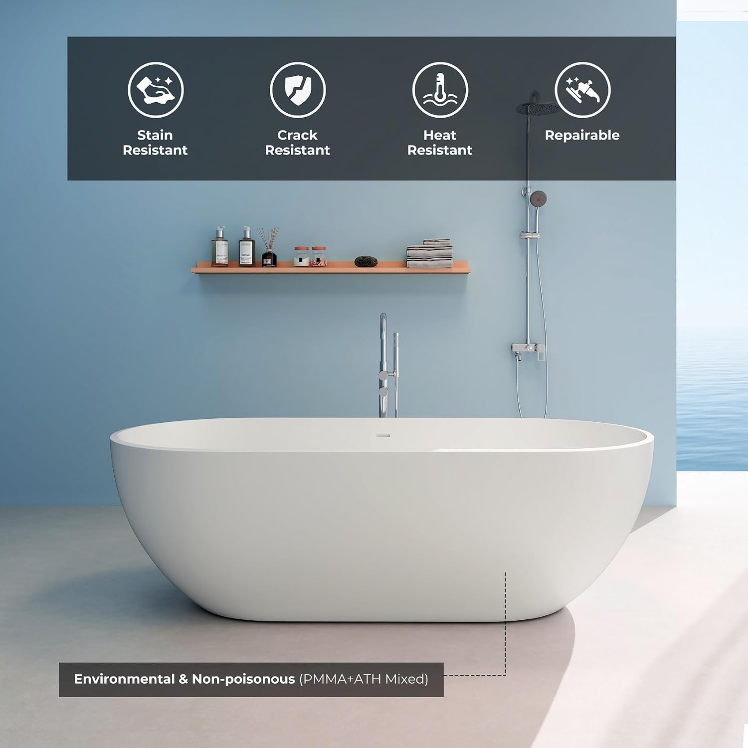 69' Premium Solid Surface Freestanding Bathtub, Oval Stone Resin Tub with Overflow and Pop-up Drain, Matte White