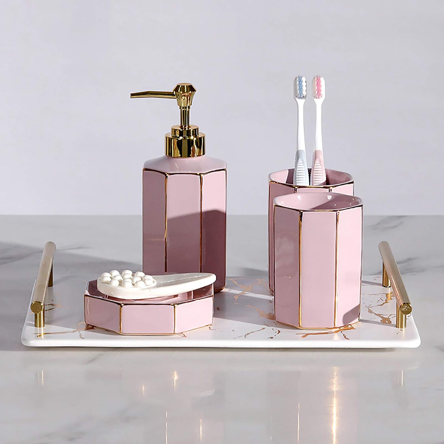Bathroom Accessory Sets, 5 Pieces Ceramics Countertop Accessory Complete Set Includes Soap Dispenser,Toothbrush Holder,Tumbler,Soap Dish (Pink with Tray)