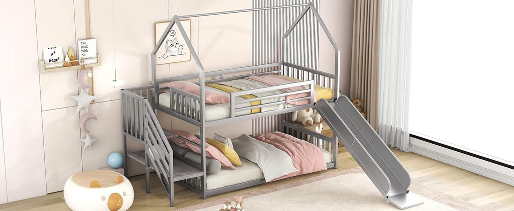 MERITLINE Metal Bunk Bed Twin Over Twin Bunk Bed Frame with Slide and Stairway,Twin Over House Bed with Guardrails