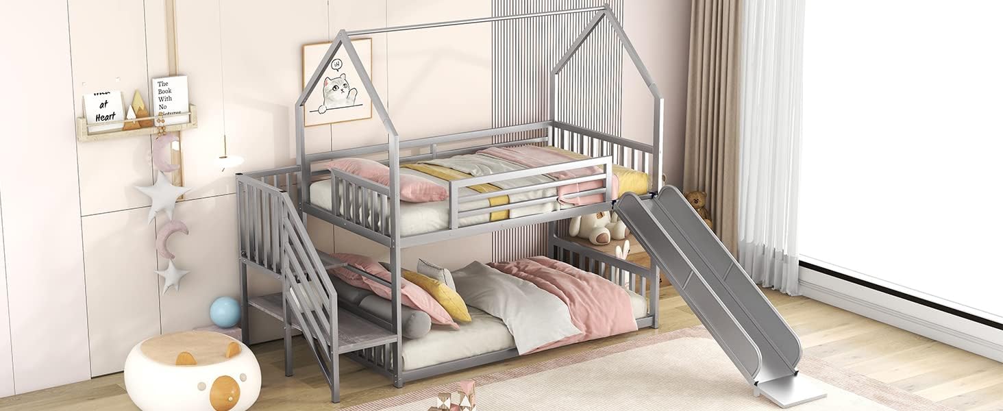 MERITLINE Metal Bunk Bed Twin Over Twin Bunk Bed Frame with Slide and Stairway,Twin Over House Bed with Guardrails