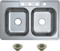 Kingston Brass Studio KGKTD332288 33' Stainless Steel Self-Rimming Double Bowl Drop-In Kitchen Sink with 4-Hole Drain and Strainer, Stainless Steel/Brushed Nickel