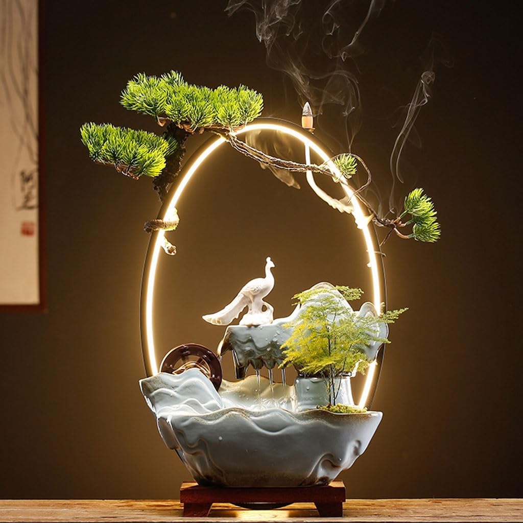 GUERNSEY Tabletop Fountain Chinese Flowing Water Rockery Desktop Fountain Ornaments Office Ceramic Desktop Fountain Living Room Desktop Decorations Indoor Waterfall Feature Indoor Fountain