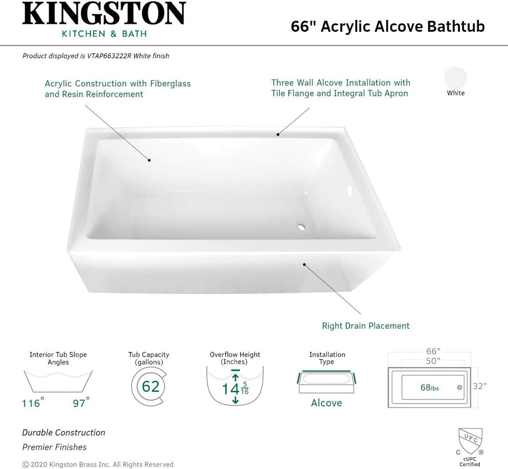 Aqua Eden VTAP663222R 66-Inch Acrylic 3-Wall Alcove Tub with Right Hand Drain, White