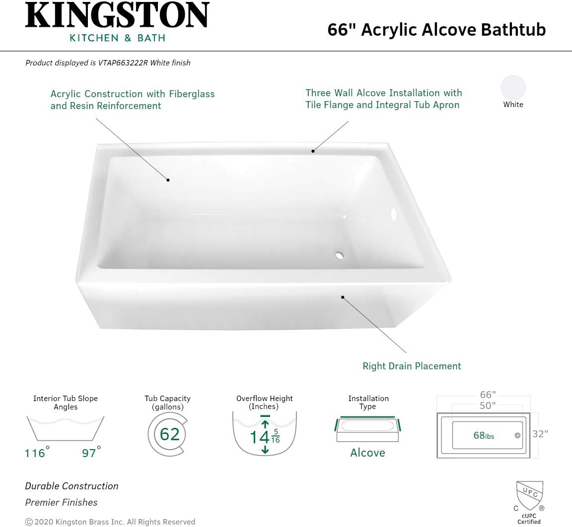 Aqua Eden VTAP663222R 66-Inch Acrylic 3-Wall Alcove Tub with Right Hand Drain, White