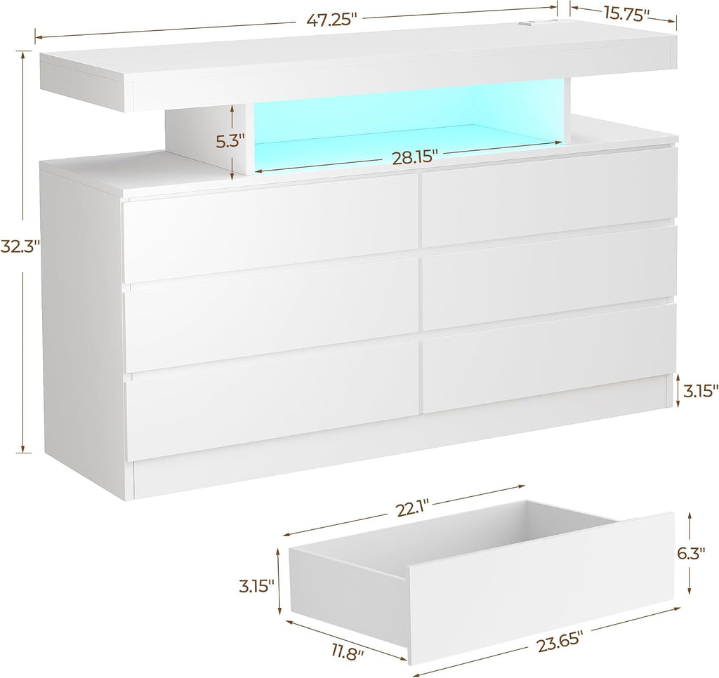 BEWISHOME White Dresser for Bedroom with Charging Station and LED Lights, Wood 6 Drawer Dresser TV Stand with Open Space, Modern Wide Dressers Chest of Drawers for Closet, Living Room, White KCG02W