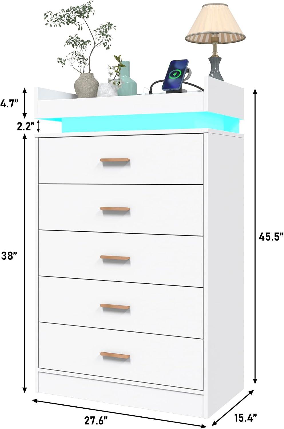 Hlivelood 5 Drawer Dresser with LED Light and Charging Station, Modern Chest of Drawers for Closet, Wide Drawer Organizer Cabinet, Living Room, Entryway, Hallway, White