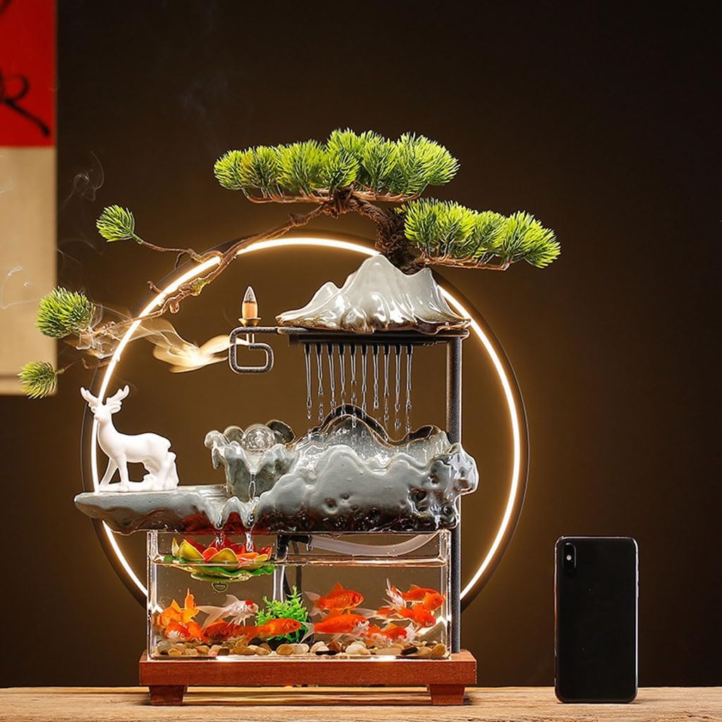 GUERNSEY Tabletop Fountain Chinese-Style Flowing Water Ornaments Rockery Circulating Water Desktop Fountain Office Desktop Fish Tank Ornaments Indoor Waterfall Feature Indoor Fountain