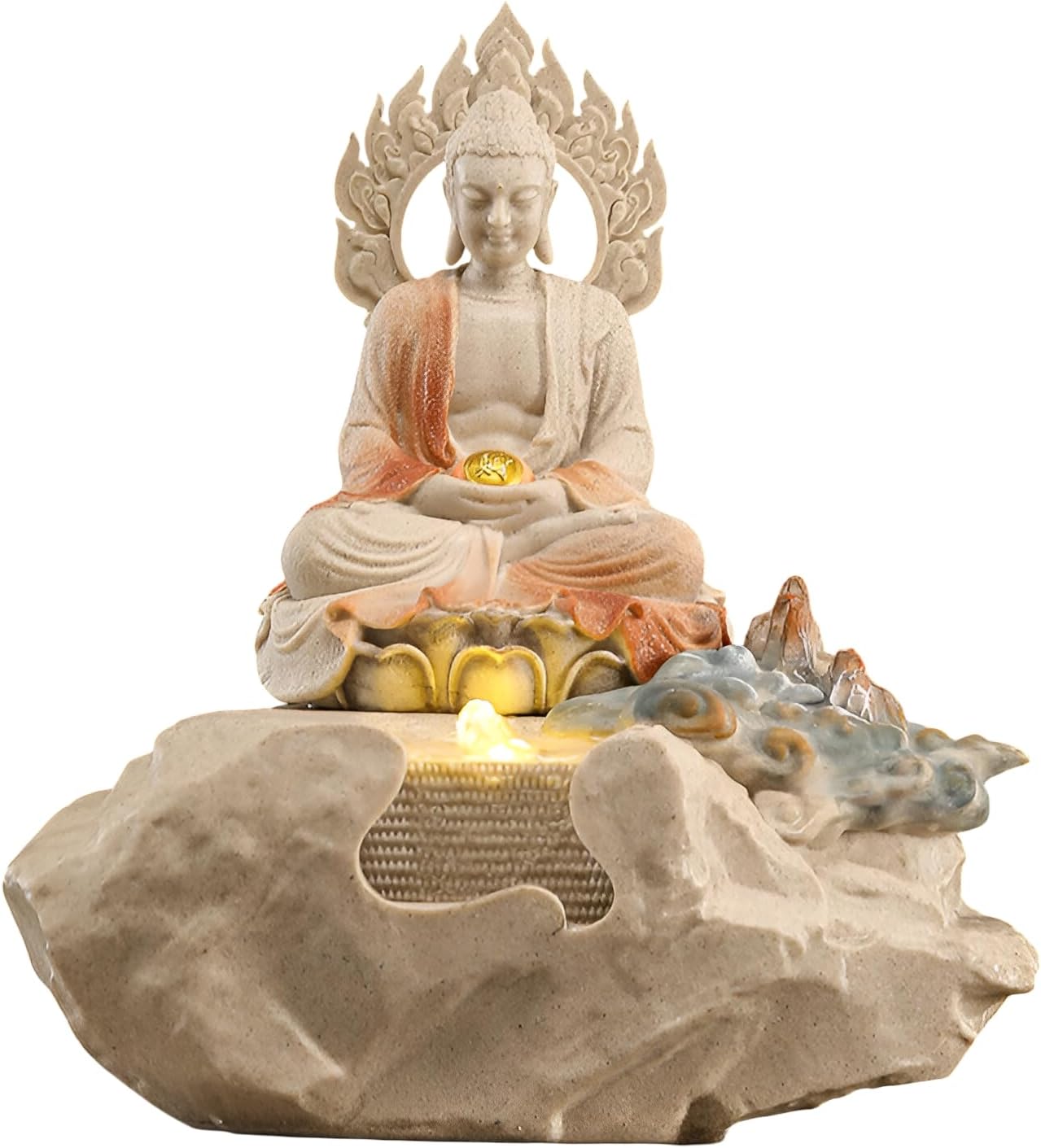 Zen Buddha Tabletop Fountain with LED Lights & Crystal Accents – Indoor Meditation Waterfall Feature with Cascading Water for Home, Office, Living Room or Bedroom – Free 10 Free Crystals (Style 1)