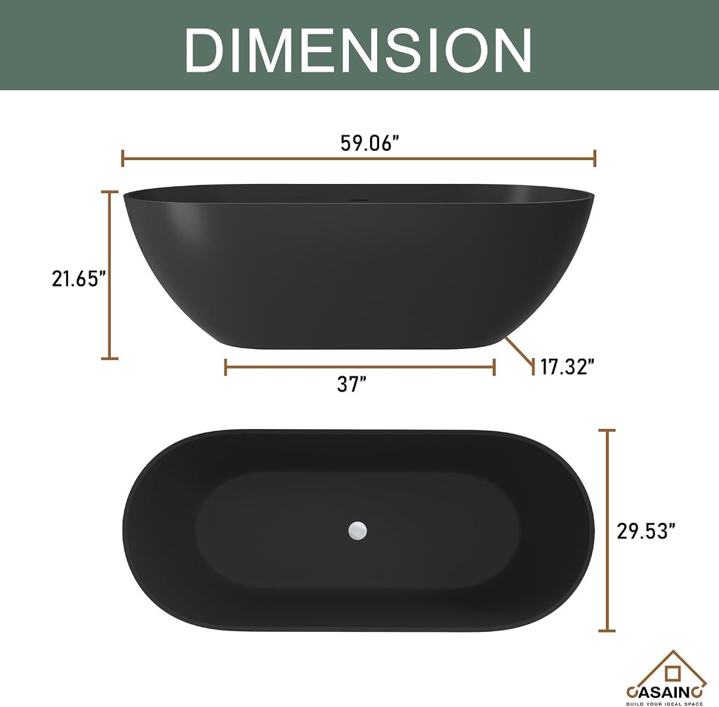 CASAINC 59' Free Standing Tub, Oval-Shaped Stone Resin Freestanding Bathtub Matte Black Solid Surface Soaking Tub with Drain, Drain Hose & Sanding Paper
