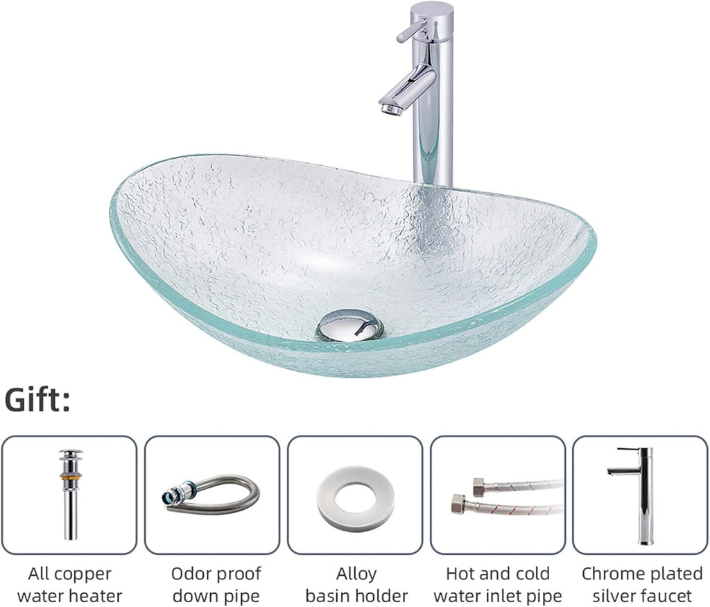 Tempered Glass Vessel Bowl Sink, Top Mount Installation Bathroom Sinks Above Counter, Oval Boat Vanity Countertop Sink Bowl with Chrome Faucet,Single Basin Set (Complete Set)