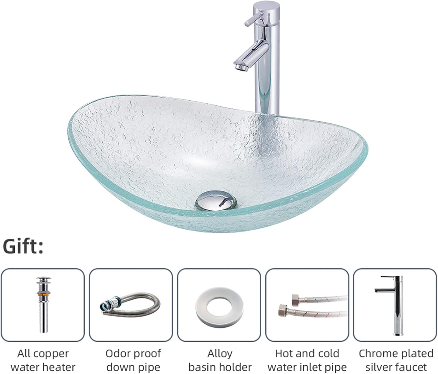 Tempered Glass Vessel Bowl Sink, Top Mount Installation Bathroom Sinks Above Counter, Oval Boat Vanity Countertop Sink Bowl with Chrome Faucet,Single Basin Set (Complete Set)