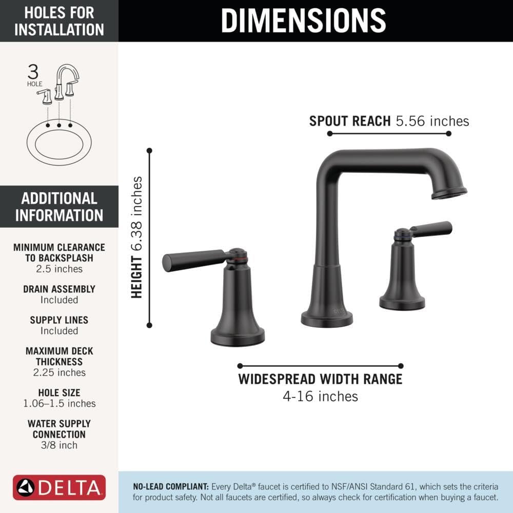 Delta Saylor Matte Black Bathroom Faucet 3 Hole, 8 Inch Widespread Bathroom Sink Faucet for Vanity, Metal Push-Pop Drain Assembly, 3536-BLMPU-DST