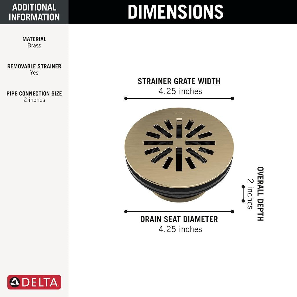 Delta 4 Inch Brushed Gold Round Shower Floor Drain with Gasket and Snap-In Drain Gate, Champagne Bronze DT051411-CZ