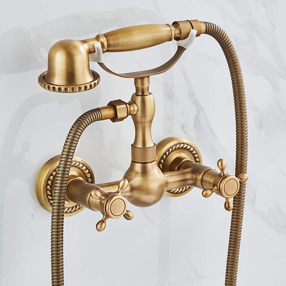 Vintage Retro Home H59 Brass Telephshower Set Double Handle Hand Held Shower Take a Shower Bathtub Shower Hand Spray Mixing Valve Hot and Cold Faucet in-Wall Taps/D Full Moon