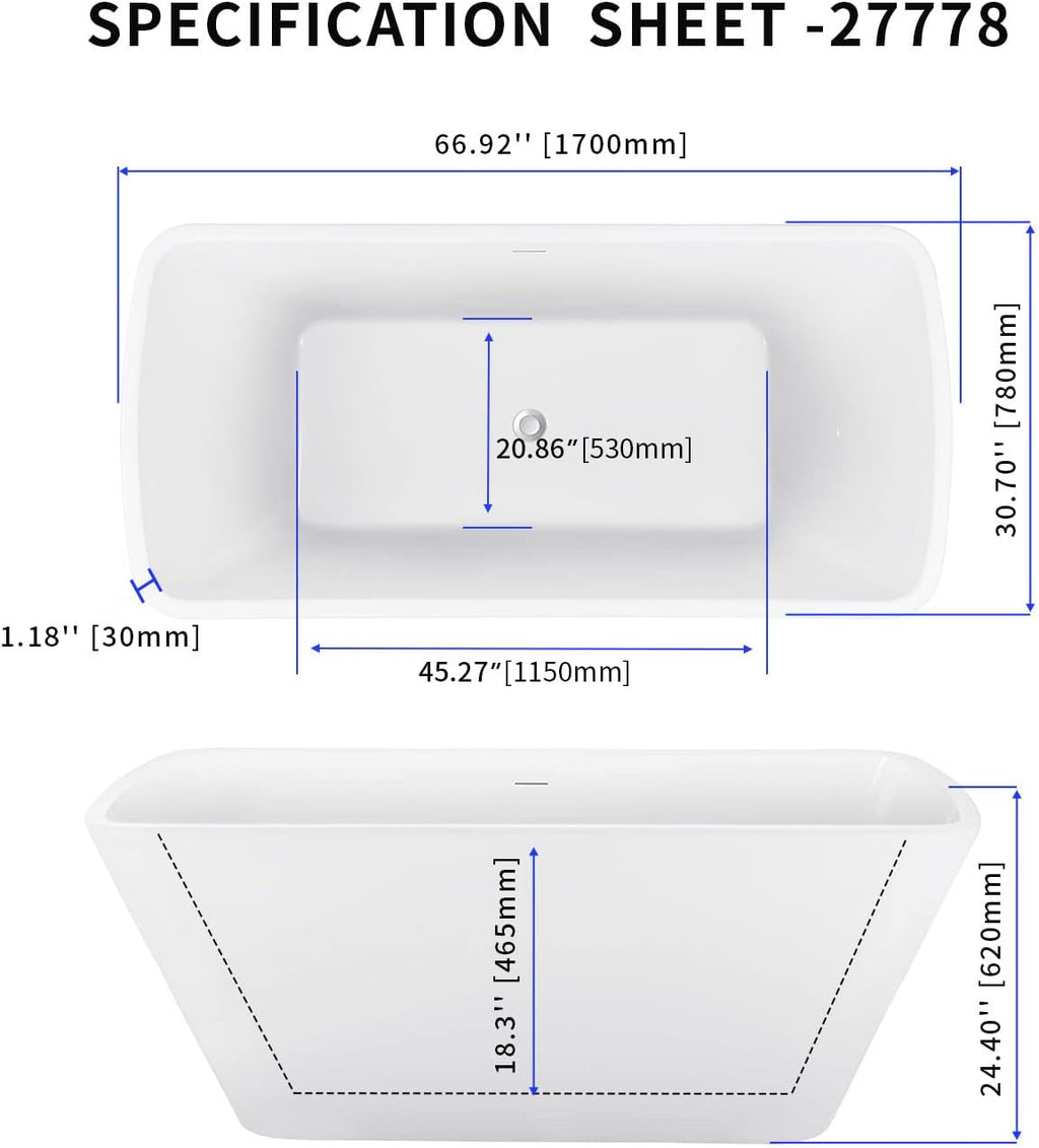 67' Lucite Acrylic Freestanding Bathtub, Trapezoidal Shape Contemporary Soaking Tub with Toe-tap Chrome Center Drain, Slotted Overflow, cUPC Certified, Glossy White