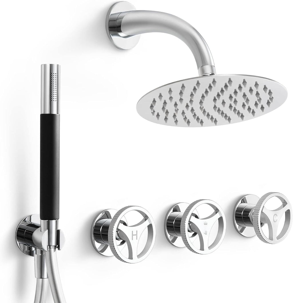 SKOWLL 3 Handle Shower Faucets Set, Polished Chrome Banthroom Shower Sysren with 10 Inch Round Rain Shower Head and Handheld Spray, 2 Function Kit Valve
