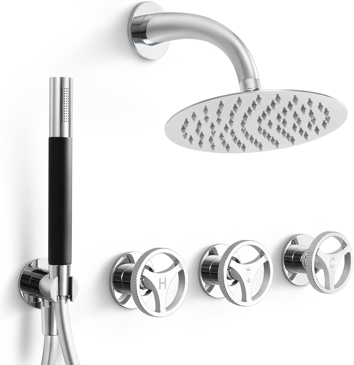 SKOWLL 3 Handle Shower Faucets Set, Polished Chrome Banthroom Shower Sysren with 10 Inch Round Rain Shower Head and Handheld Spray, 2 Function Kit Valve