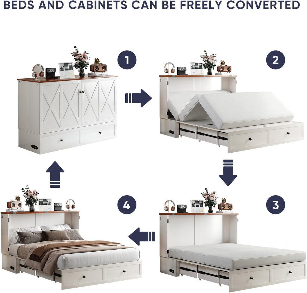 ijuicy Full Size Murphy Bed with Mattress & Extra Large Drawers, Multifunctional Cabinet Bed with USB Charging Station, Farmhouse Murphy Beds Chest for Home (Mattress Included, White & Brown)